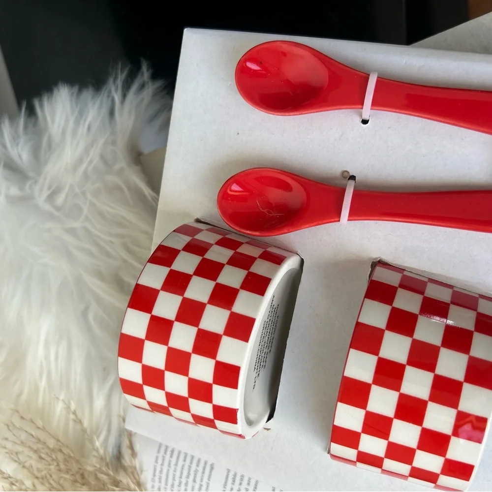 Red and White Checkered Ceramic Bowls with Spoons